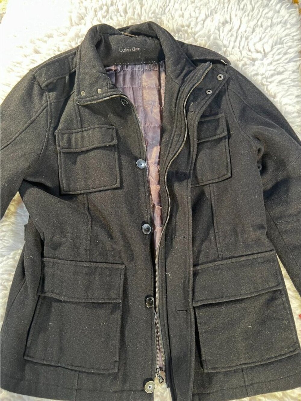 Calvin Klein Field Coat Men's Black Lg Wool Blend Zip Button 4 Pockets Solid - Picture 13 of 13